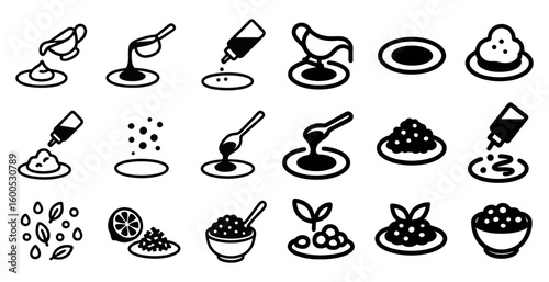 Condiments and sauce outline icons set – simple, silhouette, seasoning symbols