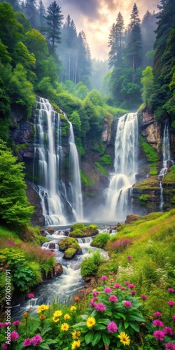 Majestic twin waterfalls cascading into a serene misty forest with lush greenery and vibrant wildflowers