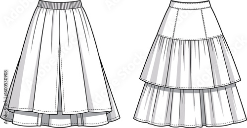 Women’s pleated and tiered skirt fashion sketch front views with layered hem, waistband styles, cad drawing flat vector illustration