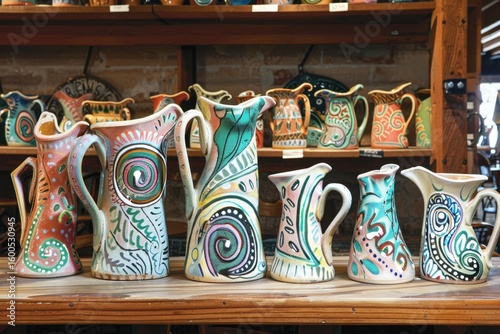 Colorful ceramic pottery displayed at a local market during a sunny afternoon in a vibrant outdoor setting