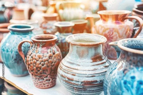 Colorful ceramic pottery displayed at a local market during a sunny afternoon in a vibrant outdoor setting