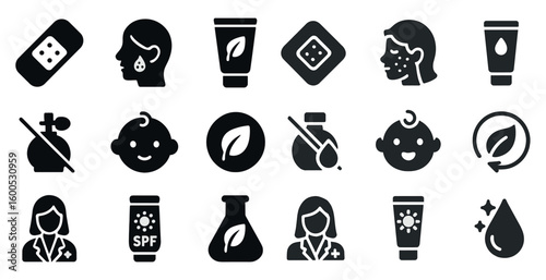 Medical and skincare solid icons set – healthcare, wellness, treatment symbols