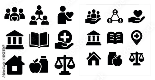 Community and charity solid icons set – silhouette, giving, support symbols