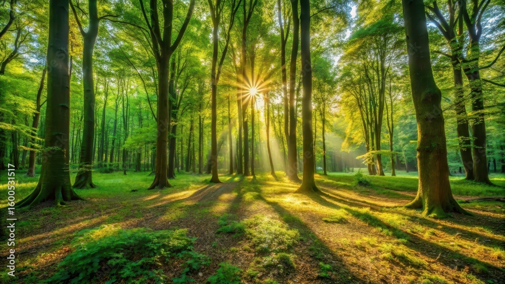 Obraz premium Warm sunlight filters through a leafy green forest canopy