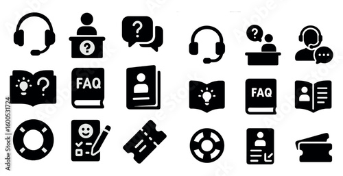 Customer support silhouette icons set – help, assistance, faq symbols