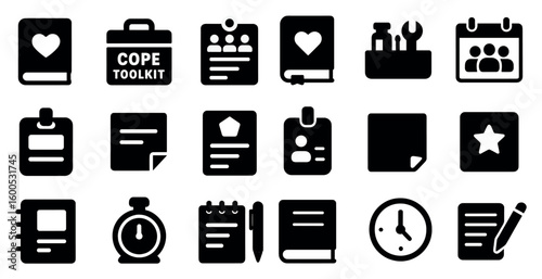 Business and office solid icons set – silhouette, filled, work and productivity symbols