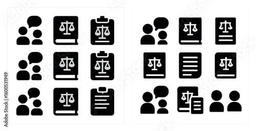 Legal and justice solid icons set – silhouette, filled, law and courtroom symbols