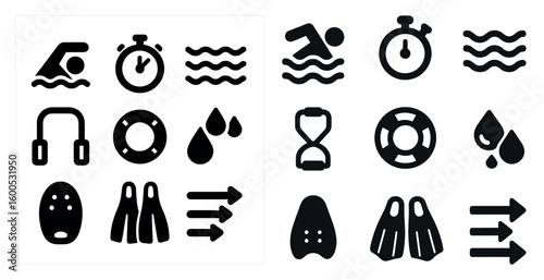 Swimming and water sports icons set – solid, silhouette, water activity symbols