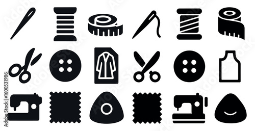 Sewing and tailoring icons set - silhouette, solid, stitching and design symbols