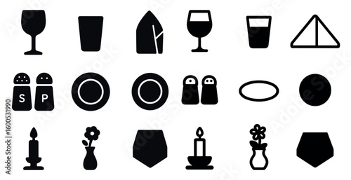 Dining and kitchen solid icons set – flat, filled, culinary and tableware symbols