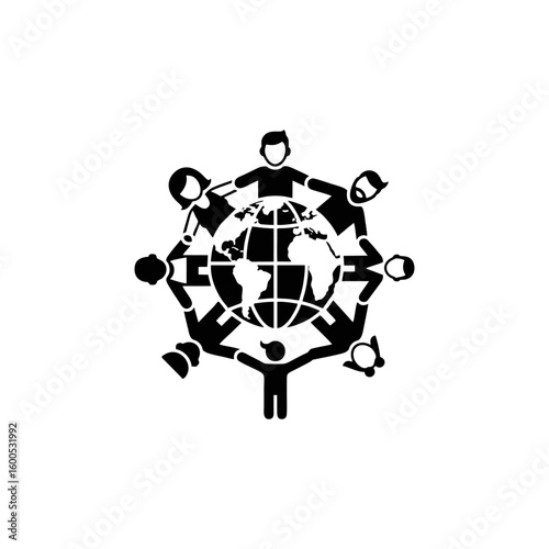 Black and white world map with 3D business people illustrations symbolizing global teamwork and community success