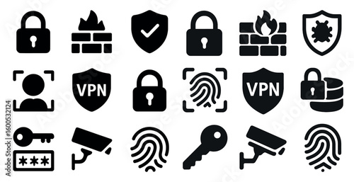 Cybersecurity solid icons set – firewall, vpn, security and protection symbols