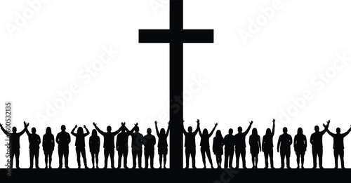 Silhouette crowd worshiping near giant cross, hands raised in unity, spiritual faith, praise, devotion, religion, community, hope, peace