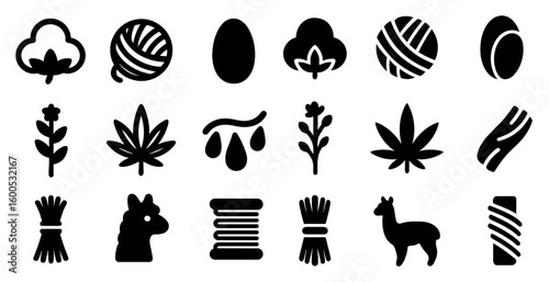 Agriculture and textile solid icons set – silhouette, farming, and natural resources