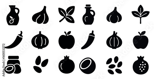 Food and beverage solid icons set – filled, silhouette, culinary and kitchen symbols