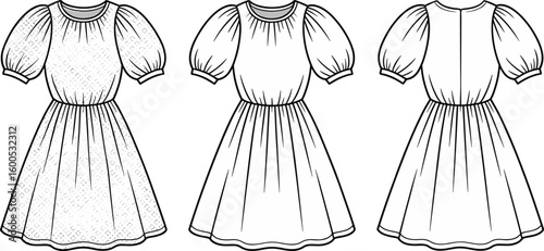 CAD drawing flat vector illustration of puff sleeve dresses, stylish fashion layout, front back garment views, elegant clothing design template