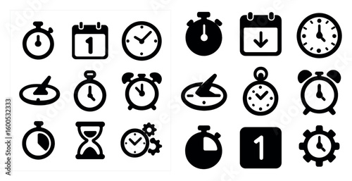 Time management solid icons set – clock, stopwatch, calendar symbols