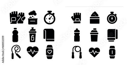 Fitness and gym solid icons set – flat, filled workout and exercise symbols