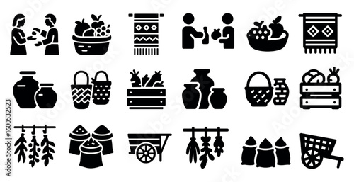 Farmers market solid icons set – flat, filled, agriculture and produce symbols