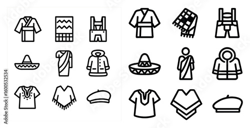 Fashion and clothing outline icons set – apparel, garments, outfit symbols