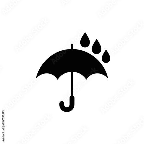 Simple black umbrella icon with raindrops, weather forecast and protection symbol