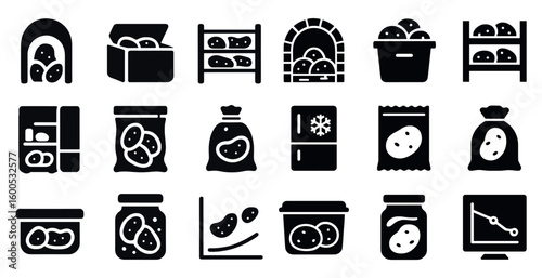 Food preservation solid icons set – storage, packaging, fresh produce symbols