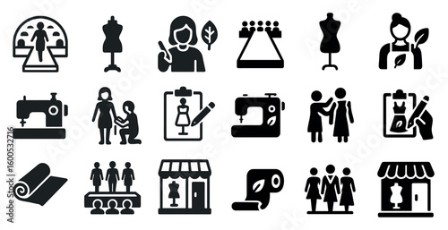 Fashion and tailoring solid icons set – silhouette, clothing, design elements