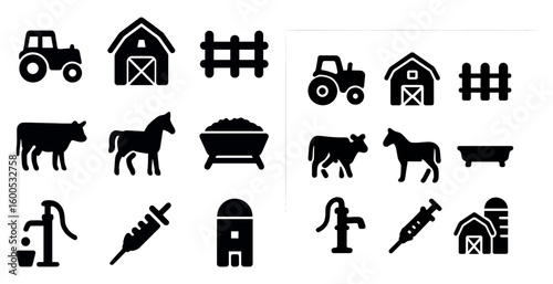 Farming and agriculture silhouette icons set – solid, outline, farm life symbols