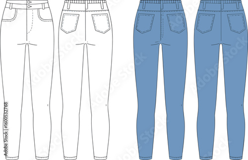 High waist skinny jeans fashion flat sketch, front and back view, cad vector template, denim pants technical drawing illustration