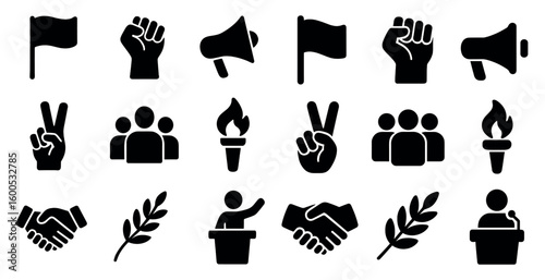 Activism and protest icons set – solid, filled, advocacy and social justice symbols