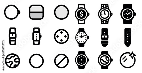 Watch and clock silhouette icons set – timepieces, filled, chronograph symbols
