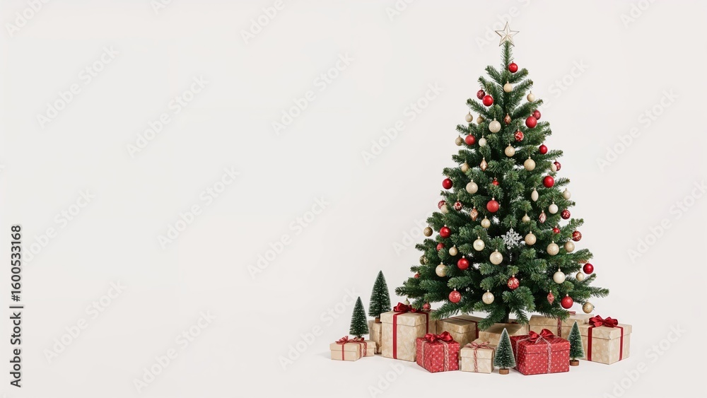 Naklejka premium Festive pine tree surrounded by wrapped gifts and tiny firs against a white surface