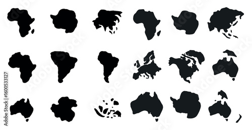 World map silhouette icons set – solid, filled, continents and geography symbols