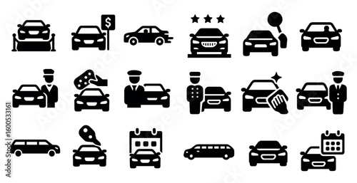 Car rental and chauffeur service silhouette icons set – solid, transport, booking symbols