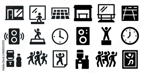 Fitness and exercise solid icons set – filled, health, workout symbols