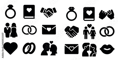 Wedding silhouette icons set – engagement, ceremony, love symbols and designs