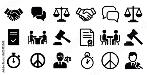 Legal and justice solid icons set – court, law, arbitration and agreement symbols