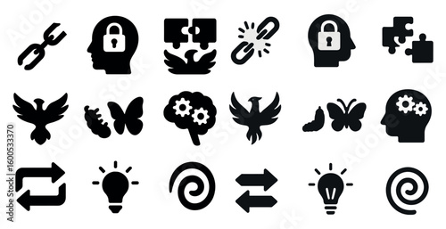 Problem solving filled icons set – solid, flat, brain and mind puzzle graphics