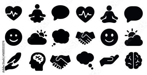 Mental health and mindfulness silhouette icons set – therapy, wellness, self-care symbols