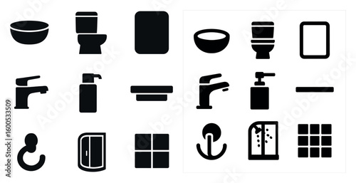 Bathroom and sanitation silhouette icons set – solid, filled, hygiene symbols