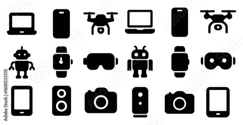 Gadget and technology silhouette icons set – solid, filled, tech and device symbols