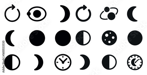 Moon phases silhouette icons set – celestial, lunar, astronomical symbols