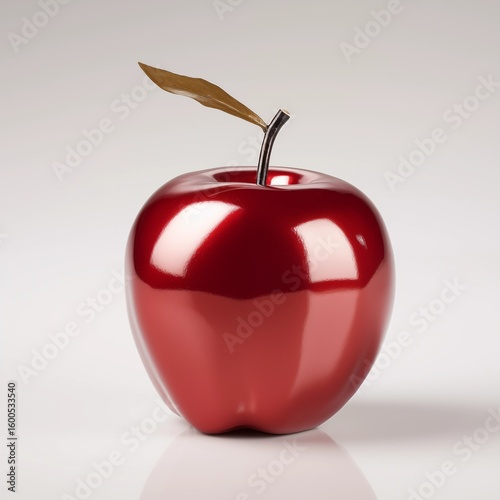 Single shiny red apple with a small stem and leaf isolated on a clean white background.