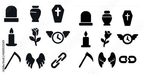 Funeral and memorial flat icons set – solid, filled, commemoration symbols