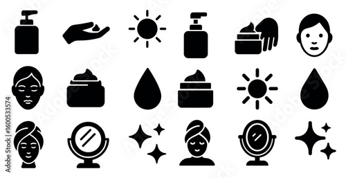 Beauty and skincare solid icons set – filled, silhouette, cosmetic symbols