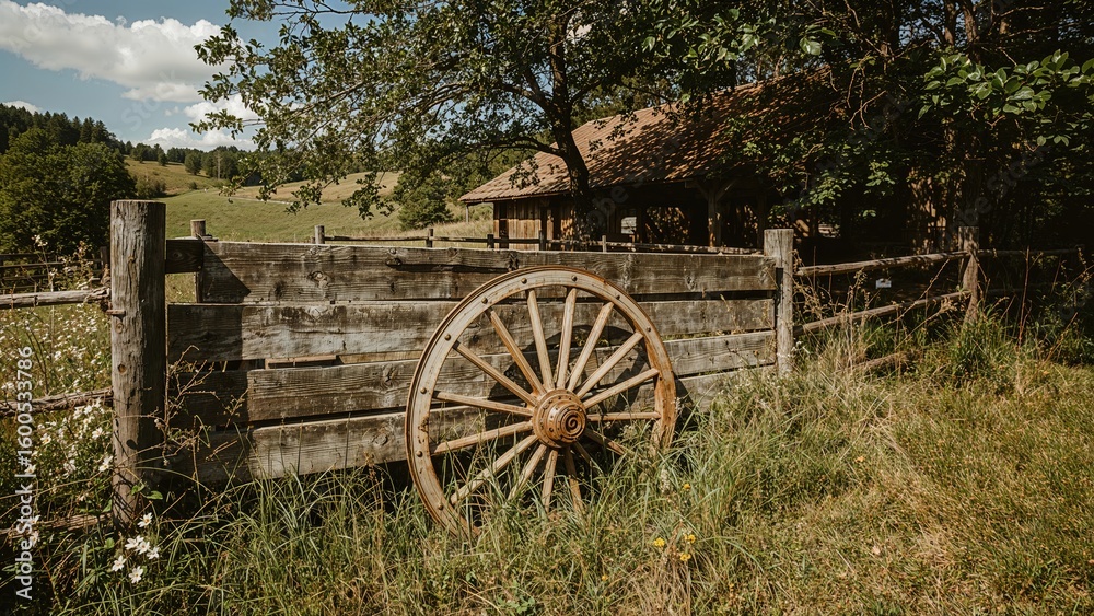 Obraz premium Rustic corral featuring a vintage wooden cart wheel in a rural setting
