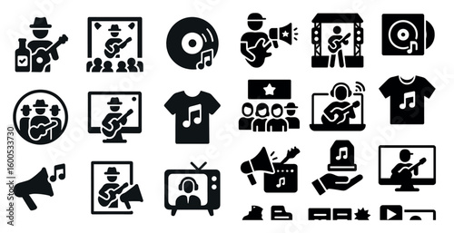 Music concert solid icons set – filled, band and audio performance symbols