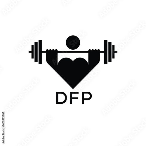 Minimalist DFP Logo with Dumbbell and Strong Arm Silhouette - Fitness Icon Design. DFP Letter Logo.
