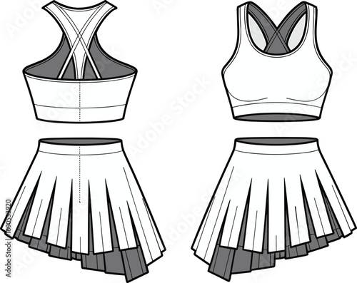 CAD drawing flat vector illustration of cheerleading uniform, sports bra with crisscross straps, pleated skirt, athletic fashion layout design