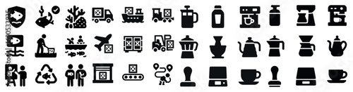 Marine and logistics solid icons set – filled, transport, sea life symbols